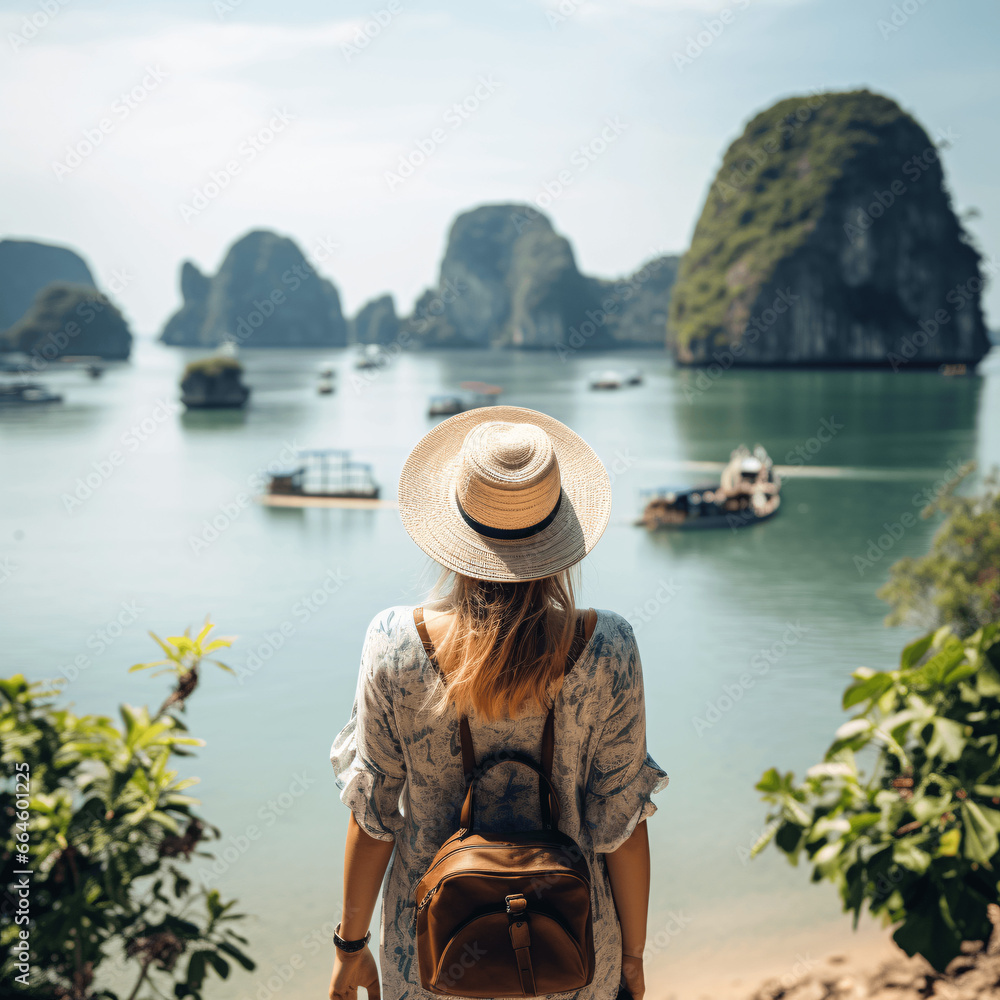 Young woman traveler with backpack enjoying beautiful view, Vietnam
