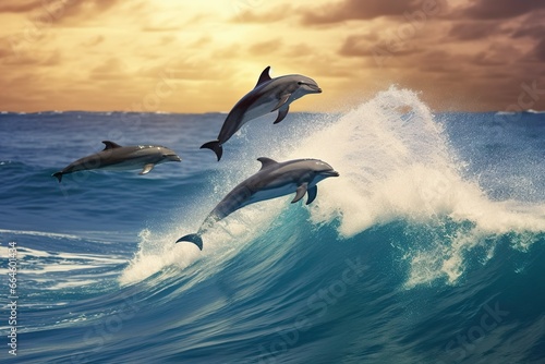 Playful dolphins jumping over breaking waves. Hawaii Pacific Ocean wildlife scenery. © MstHafija