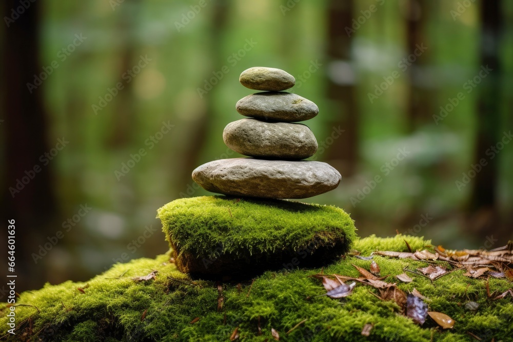 Pyramid stones balance on old mossy fallen tree. Pyramid stones balance on old mossy fallen tree.
