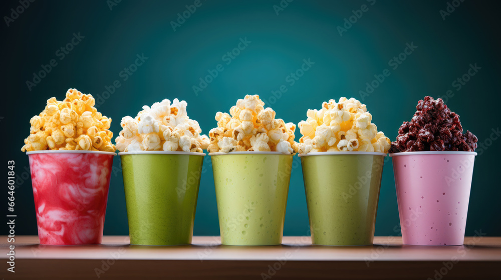 a striped bucket of delicious popcorn stands on a green background, movie, food, weekend, snack, fun, entertainment, pack, puffed corn, film, cinema, party, box, space for text a striped bucket of delicious popcorn stands on a green background, movie, food, weekend, snack, fun, entertainment, pack, puffed corn, film, cinema, party, box, space for text
