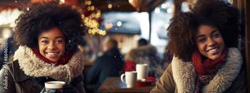African American women having coffee in cafe with Christmas decoration