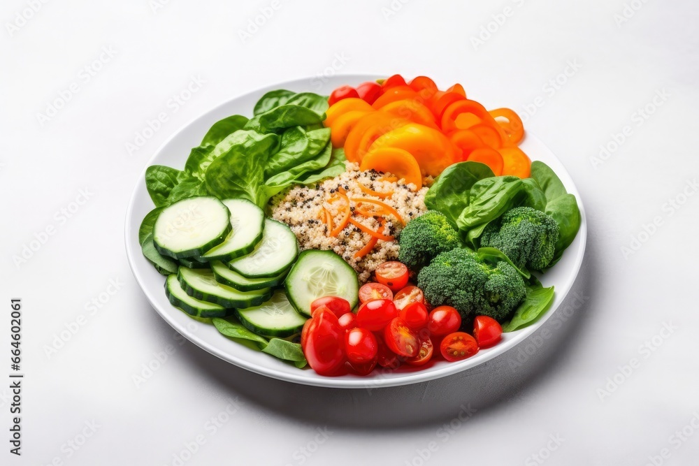 Salad with quinoa, spinach, broccoli, tomatoes, cucumbers and carrots. Salad with quinoa, spinach, broccoli, tomatoes, cucumbers and carrots.