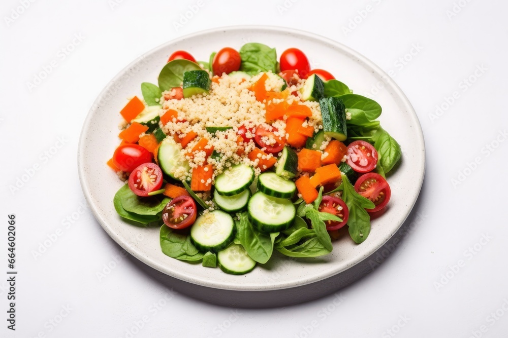Salad with quinoa, spinach, broccoli, tomatoes, cucumbers and carrots. Salad with quinoa, spinach, broccoli, tomatoes, cucumbers and carrots.