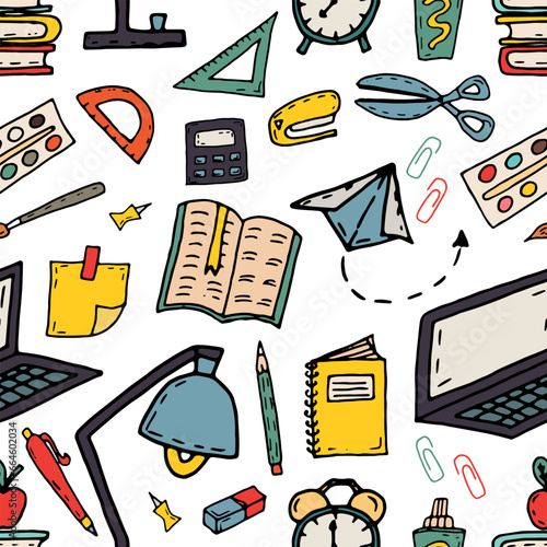 Seamless school pattern - objects and supplies for studying. Laptor, lamp, books, pen, pencill, paints, alarm clock. Vector doodle illustration white background for packaging, textile, wallpaper