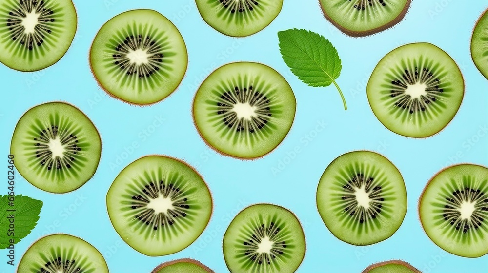 Slices of kiwi fruit and green mint leaves on a light pastel blue background. Slices of kiwi fruit and green mint leaves on a light pastel blue background.