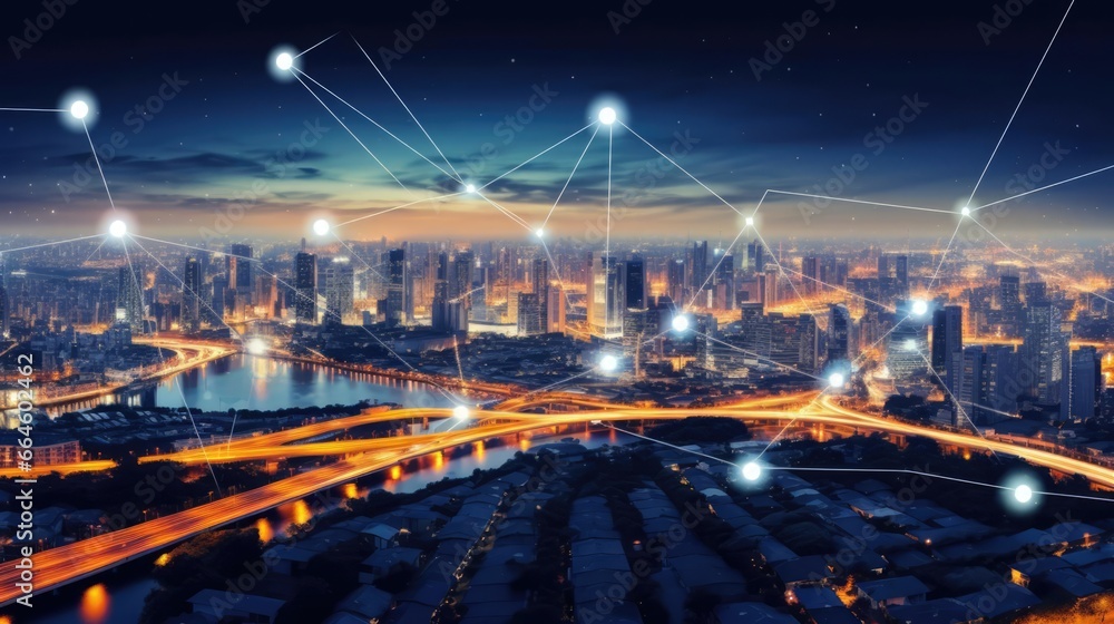 Fototapeta premium Cityscape with graphic of network concept Bangkok Thailand 