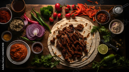 Deconstructed doner kebab durum, ingredients showcased in knolling style photo