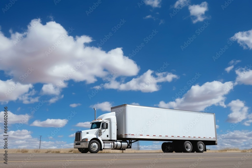 A white truck with attached trailer against a blue sky. Generative AI
