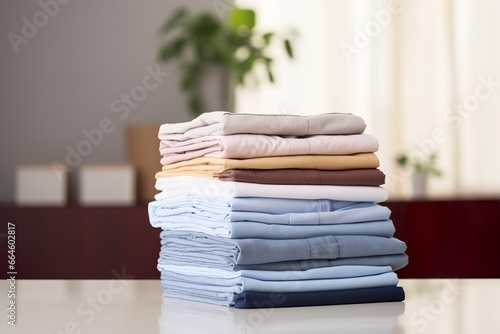 Stack of clean clothes on table in room.