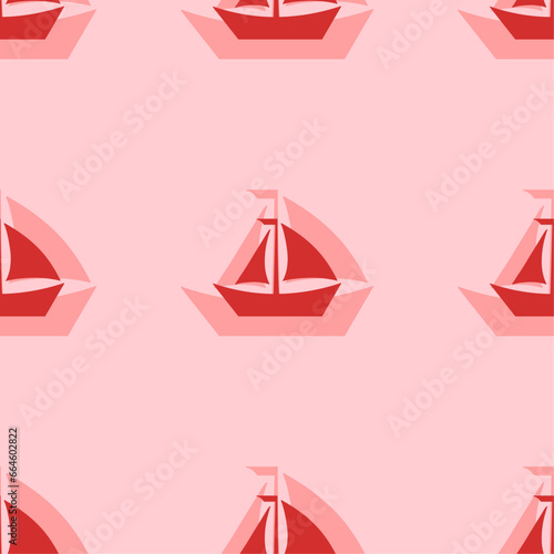 Seamless pattern of large isolated red sailing boat symbols. The elements are evenly spaced. Vector illustration on light red background