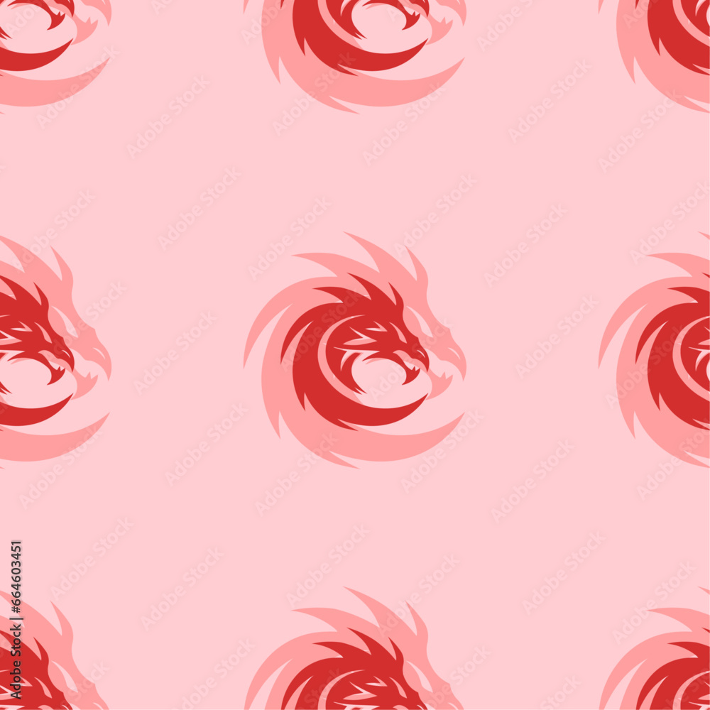Obraz premium Seamless pattern of large isolated red dragon's head symbols. The elements are evenly spaced. Vector illustration on light red background
