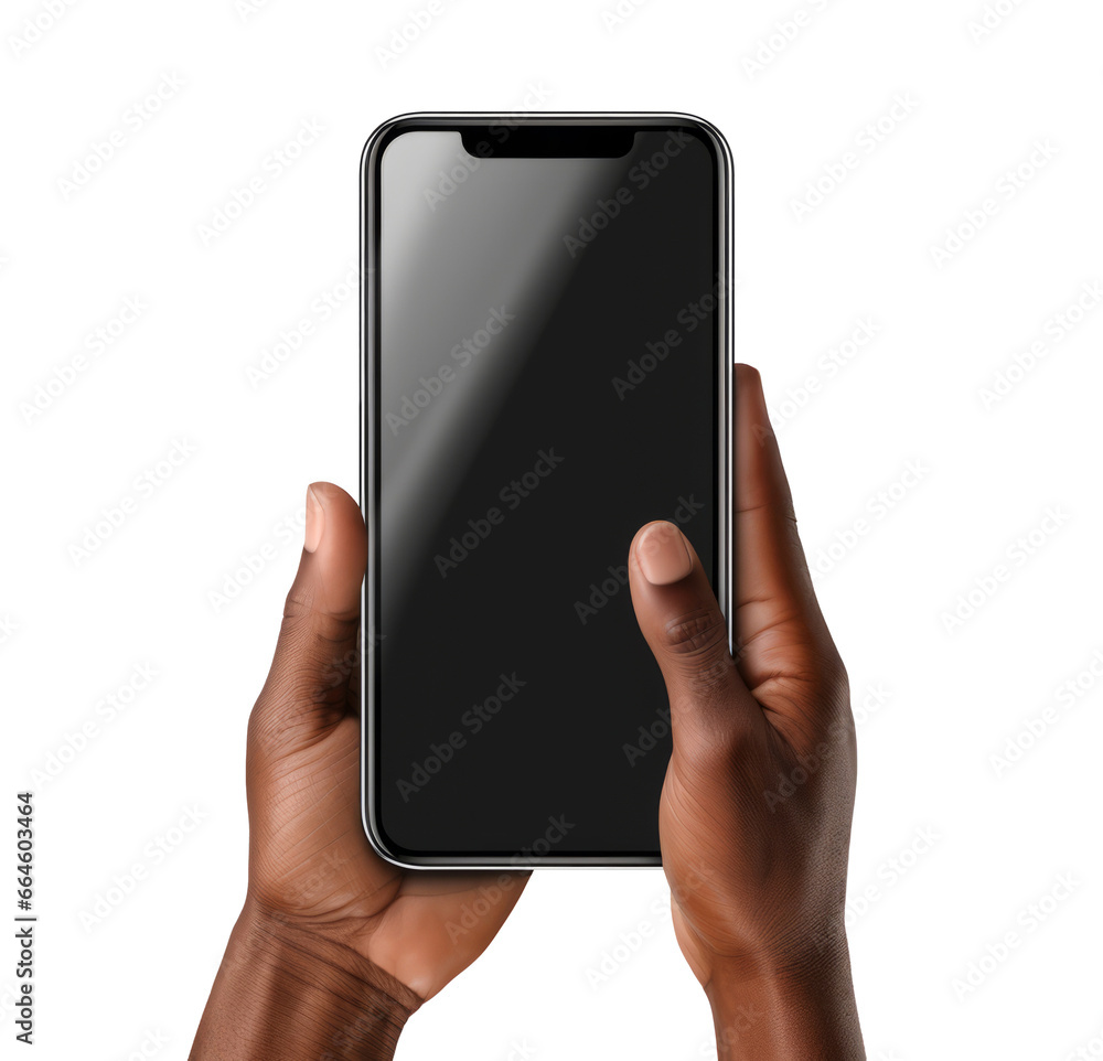 Hände eines schwarzen Mannes, halten ein Smartphone mit leerem Bildschirm. Transparenter Hintergrund. Freigestellt. Hände eines schwarzen Mannes, halten ein Smartphone mit leerem Bildschirm. Transparenter Hintergrund. Freigestellt.