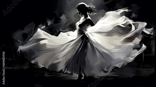 Woman in white dress with flowing white dress on black background.