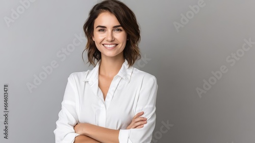 Happy young business woman posing isolated over grey wall background 