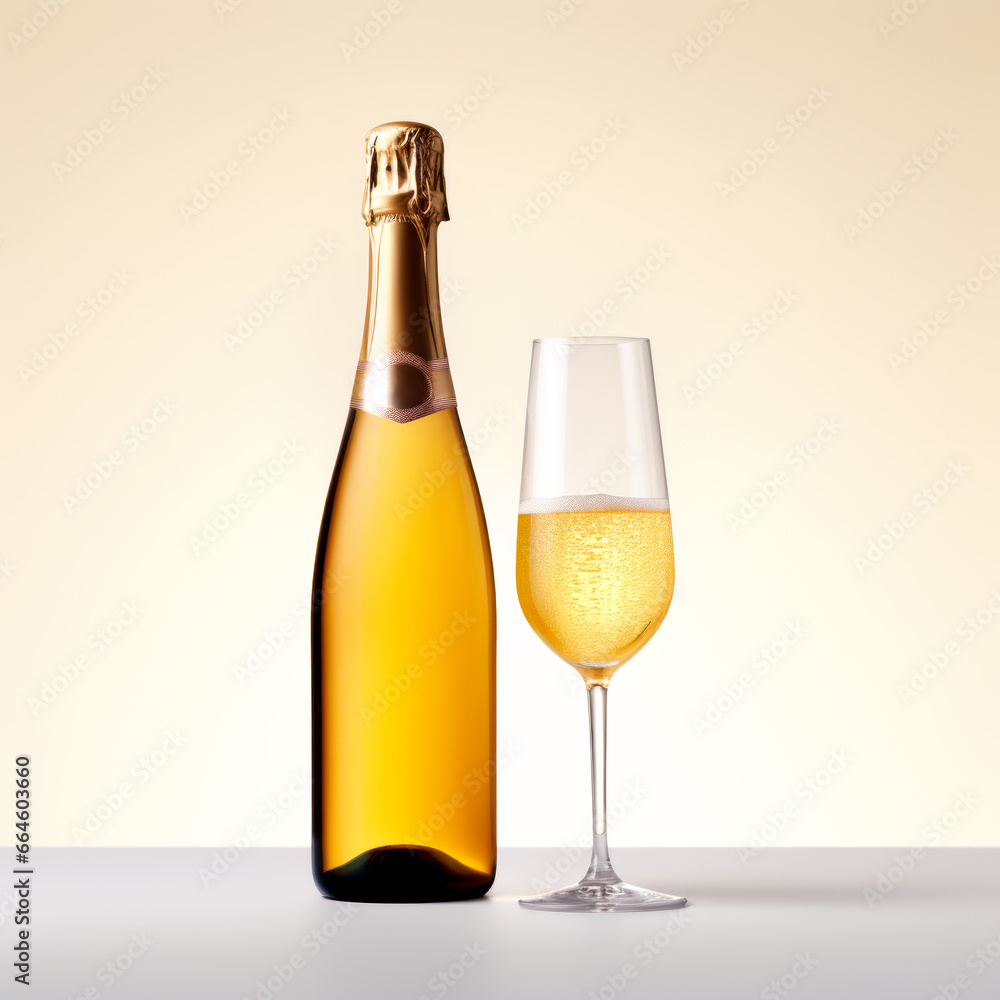 A crystal-clear flute glass of champagne and bottle isolated on white background A crystal-clear flute glass of champagne and bottle isolated on white background