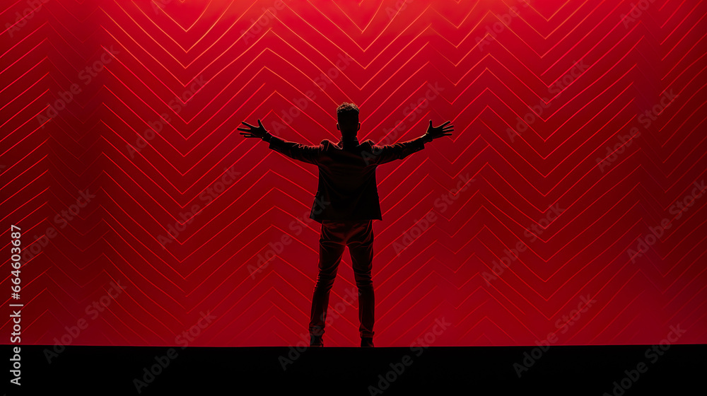 fashion studio shot of black man on red background, rapper or singer artist on stage - obrazy, fototapety, plakaty 