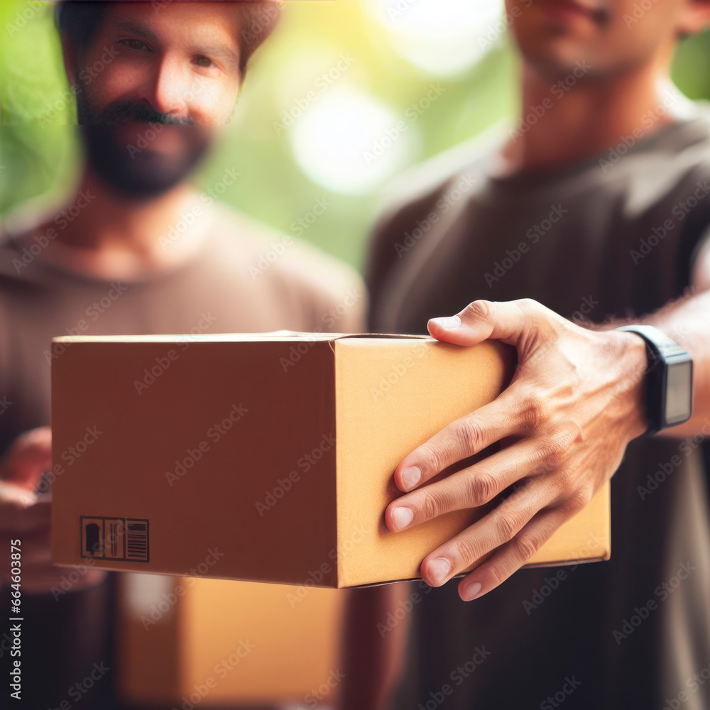Obraz premium close up hands and box Delivery man delivering holding parcel box to customer. ai generative