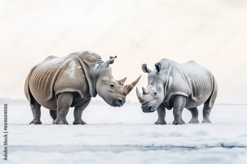 Fototapeta premium Two Rhinoceros getting ready for fight on Ice.