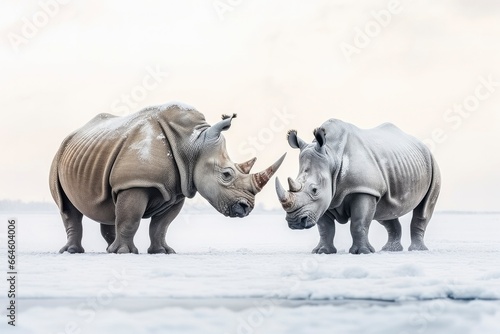 Two Rhinoceros getting ready for fight on Ice. © MstHafija