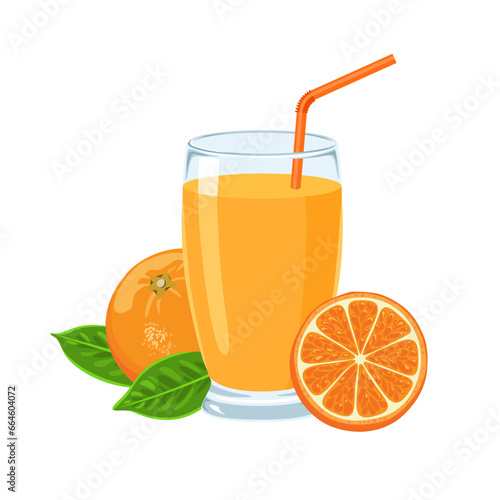 Orange juice in glass and citruses. Fresh fruit drink. Vector cartoon illustration.