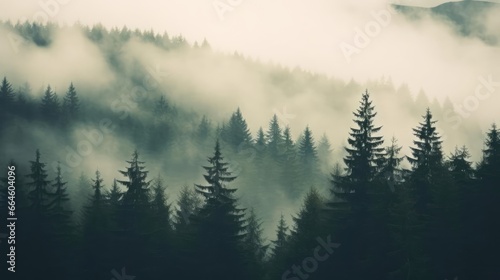 Misty landscape with fir forest in hipster vintage retro style © Fred