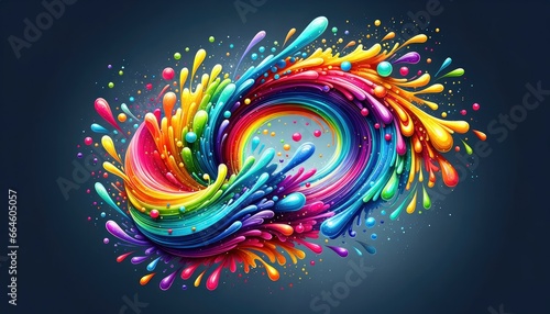 Abstract rainbow splash, with bright droplets and splatters creating a radiant display of colors in motion.