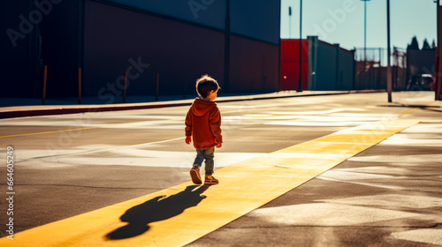 Little boy walking down street next to yellow curb with shadow on it.