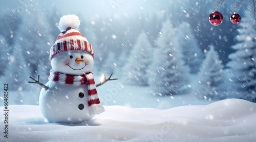 Happy snowman in the winter scenery. © MstHafija