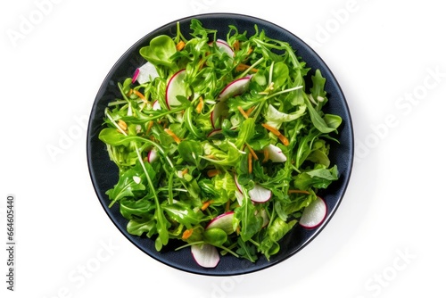 Healthy fresh green salad plate shot from above on white background.