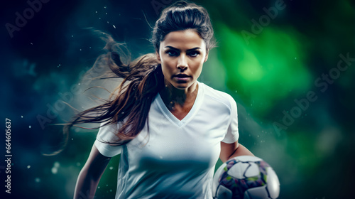 Woman in white shirt holding soccer ball and green background. © Констянтин Батыльчук