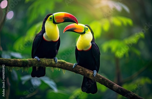 Toucan sitting on the branch in the forest. © MstHafija