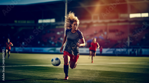 Woman running with soccer ball in her hand on soccer field. © Констянтин Батыльчук