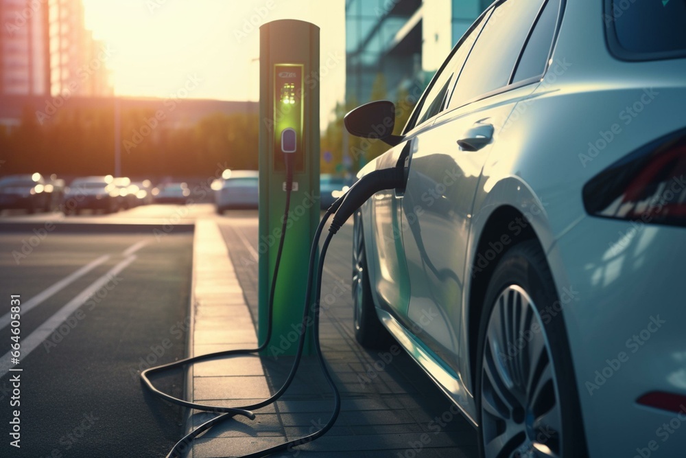 Electric vehicle charging at a charging station, utilizing clean energy. Generative AI