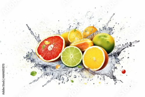 Illustration of citrus fruit with water splash on white background. Generative AI