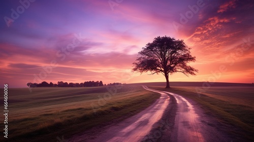 A quiet country road at sunset, with the sky transitioning from apricot to deep plum. photo