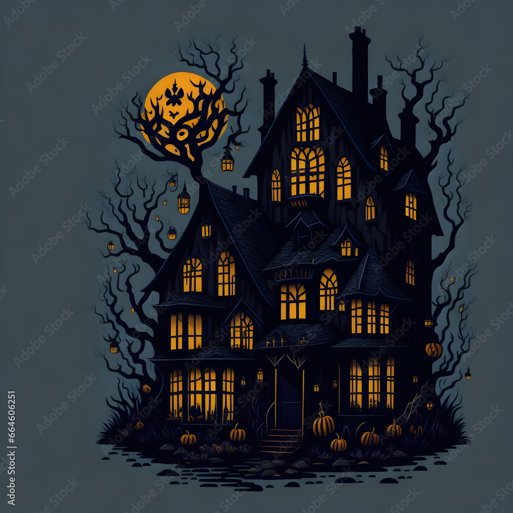 Spooky Haunted House with Pumpkins and Full Moon