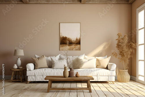 cozy living room with rustic wooden furniture and sofa