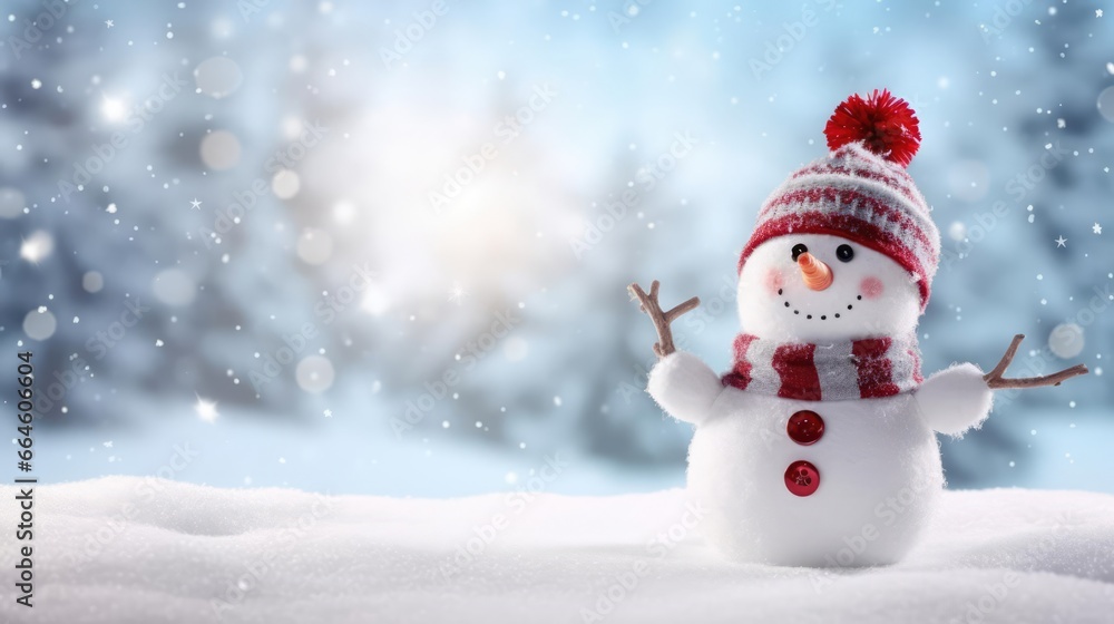 Panoramic view of happy snowman in winter secenery with copy space Panoramic view of happy snowman in winter secenery with copy space
