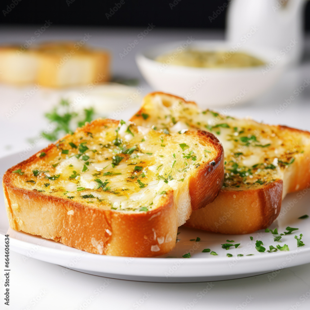 Slices of toasted bread with garlic and herbs on table, closeup Slices of toasted bread with garlic and herbs on table, closeup