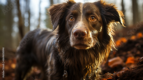 A tracking dog picking up a scent trail during a wilderness search and rescue operation.