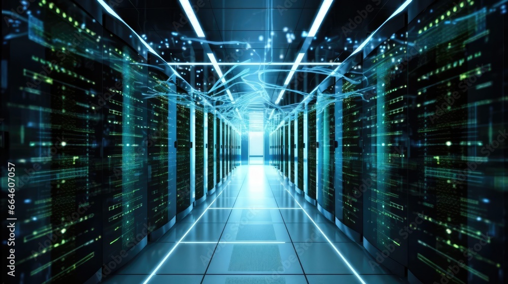Shot of Corridor in Working Data Center Full of Rack Servers and Supercomputers with Internet connection Visualisation Projection Shot of Corridor in Working Data Center Full of Rack Servers and Supercomputers with Internet connection Visualisation Projection