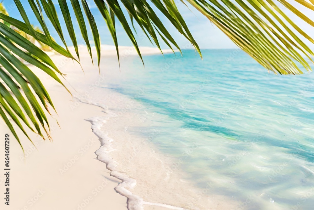 Tropischer Strandhintergrund mit Meereswellen, weissem Sand, Palmen und Schatten - Sommerurlaubshintergrund. Reisen und Strandurlaub, Badeferien