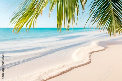 Tropischer Strandhintergrund mit Meereswellen, weissem Sand, Palmen und Schatten - Sommerurlaubshintergrund. Reisen und Strandurlaub, Badeferien photo