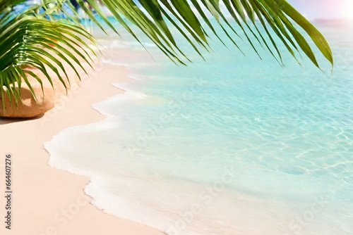 Tropischer Strandhintergrund mit Meereswellen, weissem Sand, Palmen und Schatten - Sommerurlaubshintergrund. Reisen und Strandurlaub, Badeferien © ins.dsign