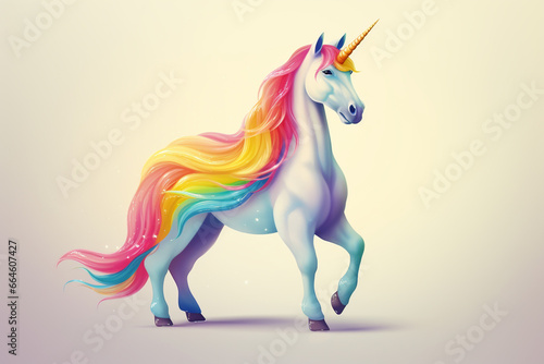 Unicorn with rainbow mane on colorful background. Vector illustration