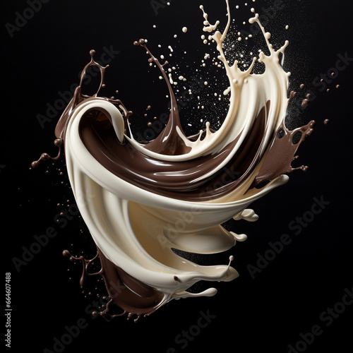 Wave of chocolate and milk professional, black background, for collage. Macro