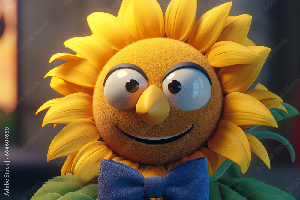 Cute sunflower with funny face on yellow background. 3d illustration