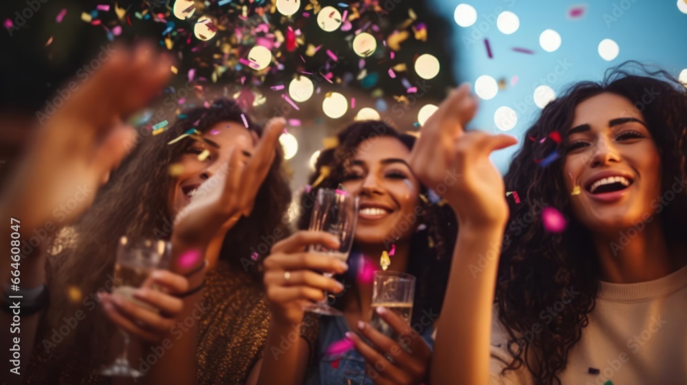 Young women blowing confetti from hands Friends celebrating outdoors in evening at a terrace Young women blowing confetti from hands Friends celebrating outdoors in evening at a terrace