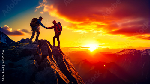 Couple of people standing on top of mountain with sunset in the background. © Констянтин Батыльчук