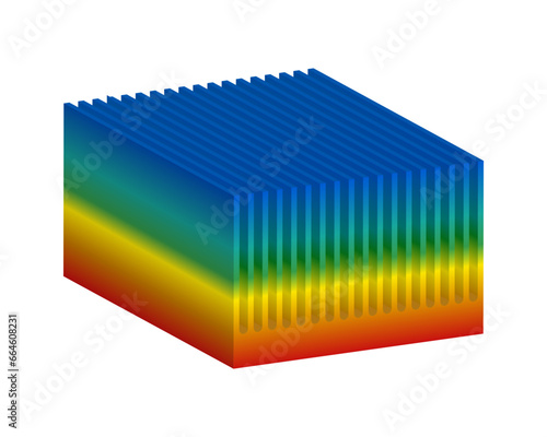 Vector isometric illustration of  finned heat sink or heatsink isolated on white. Cooling computer part. Passive heat exchanger with color gradient might serve for numerical analysis of heat transfer.